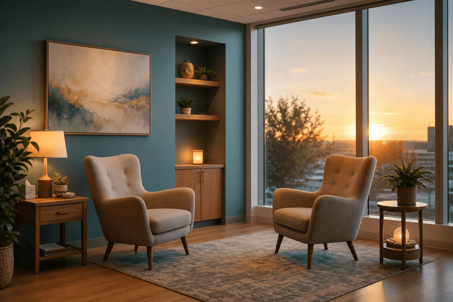 The Luminance Psychiatry office at golden hour—two welcoming chairs by a sunlit window with a teal accent wall, symbolizing holistic healing and illuminating the path to mental wellness.